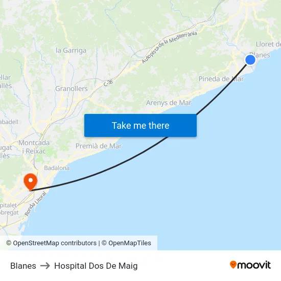 Blanes to Hospital Dos De Maig map