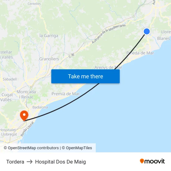 Tordera to Hospital Dos De Maig map