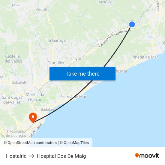 Hostalric to Hospital Dos De Maig map