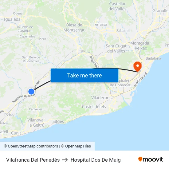 Vilafranca Del Penedès to Hospital Dos De Maig map