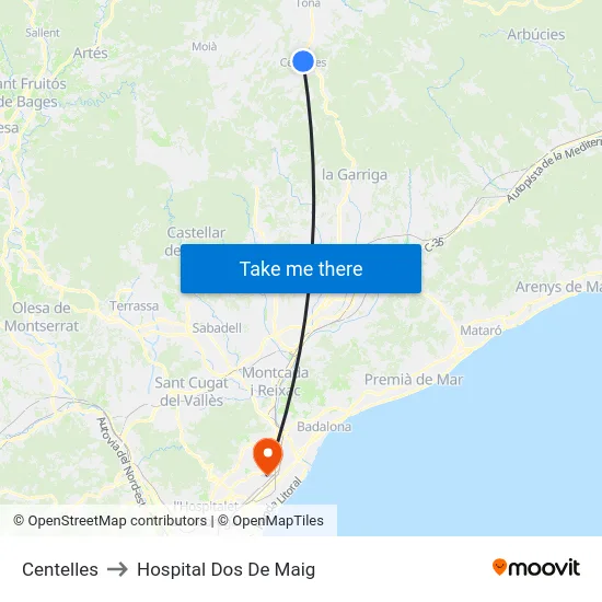 Centelles to Hospital Dos De Maig map