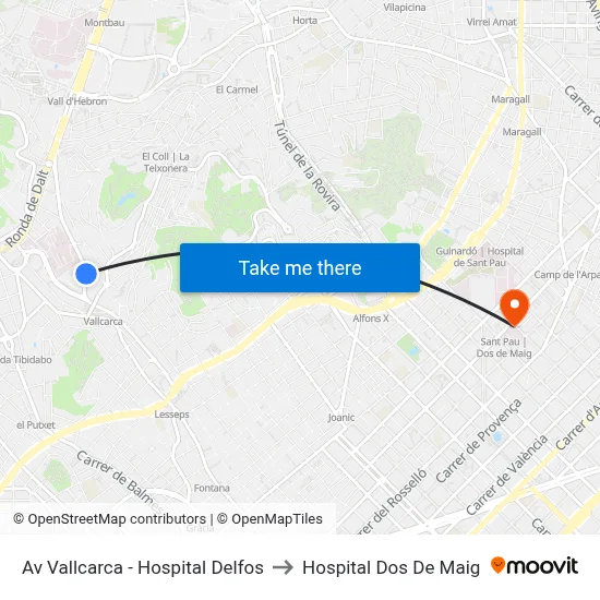 Av Vallcarca - Hospital Delfos to Hospital Dos De Maig map
