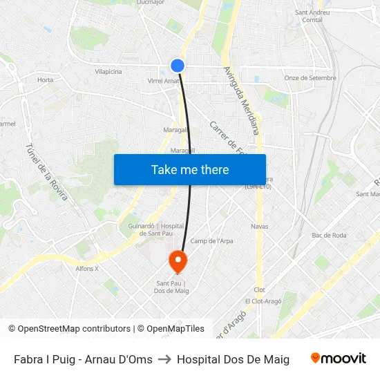 Fabra I Puig - Arnau D'Oms to Hospital Dos De Maig map
