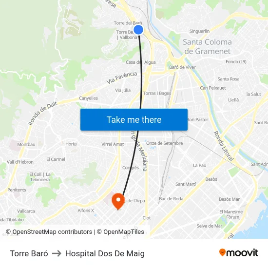 Torre Baró to Hospital Dos De Maig map