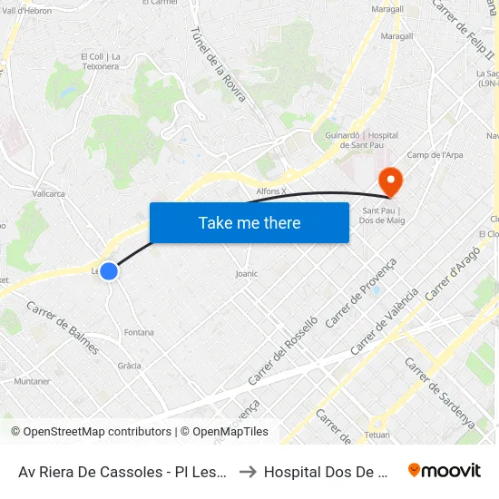 Av Riera De Cassoles - Pl Lesseps to Hospital Dos De Maig map