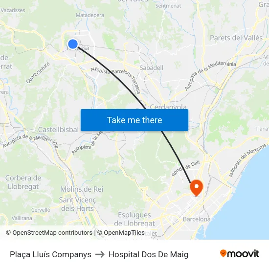 Plaça Lluís Companys to Hospital Dos De Maig map