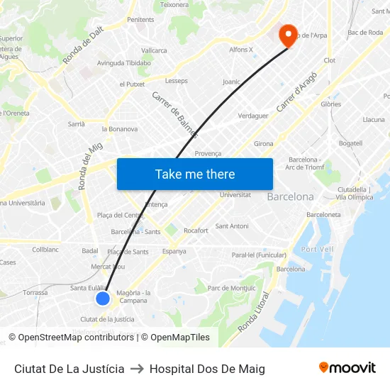 Ciutat De La Justícia to Hospital Dos De Maig map