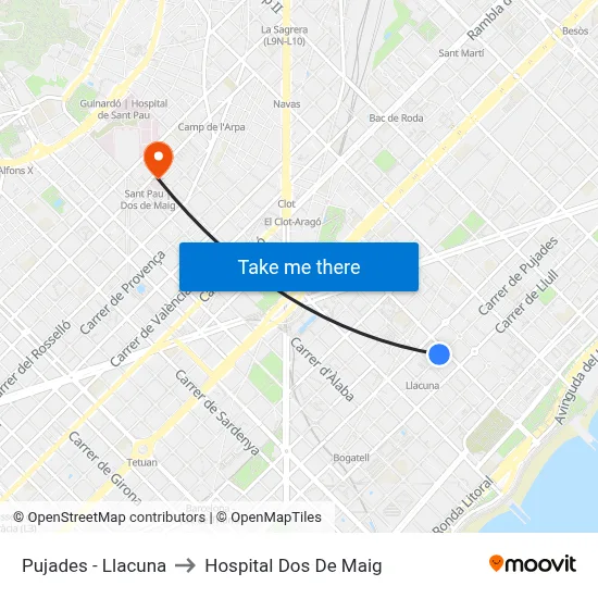 Pujades - Llacuna to Hospital Dos De Maig map