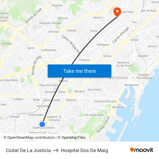 Ciutat De La Justícia to Hospital Dos De Maig map
