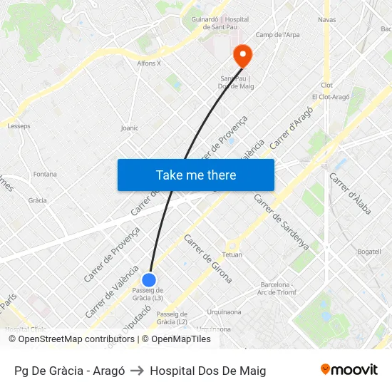 Pg De Gràcia - Aragó to Hospital Dos De Maig map