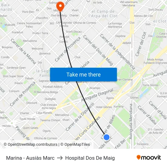 Marina - Ausiàs Marc to Hospital Dos De Maig map