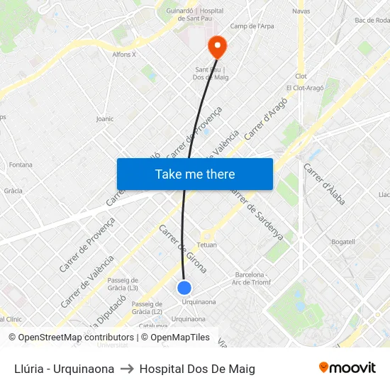 Llúria - Urquinaona to Hospital Dos De Maig map