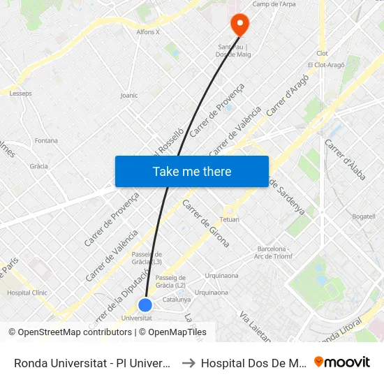 Ronda Universitat - Pl Universitat to Hospital Dos De Maig map
