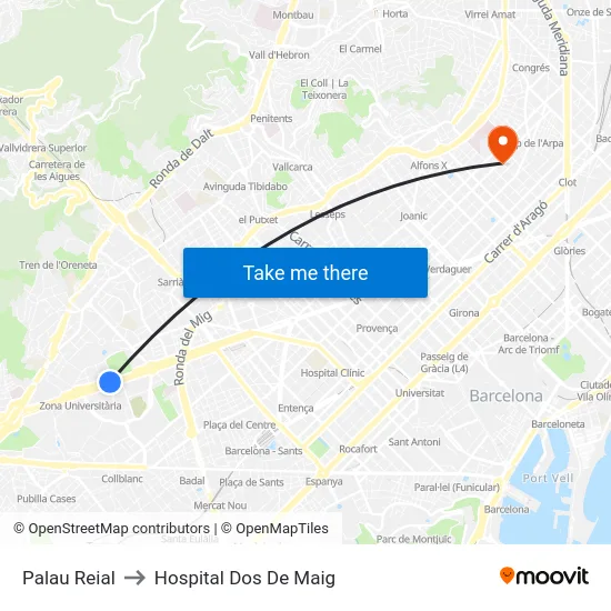 Palau Reial to Hospital Dos De Maig map