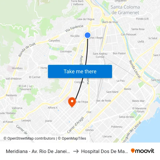 Meridiana - Av. Rio De Janeiro to Hospital Dos De Maig map