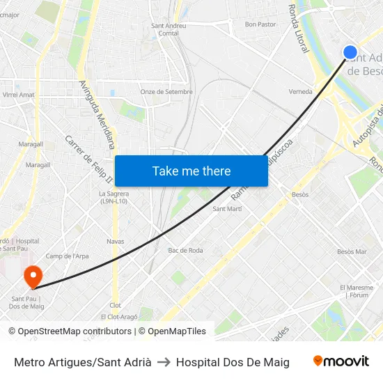 Metro Artigues/Sant Adrià to Hospital Dos De Maig map