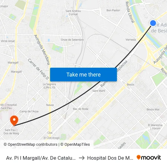 Av. Pi I Margall/Av. De Catalunya to Hospital Dos De Maig map