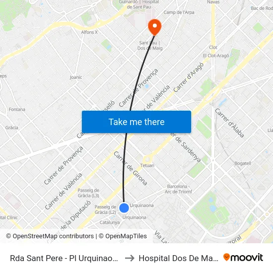 Rda Sant Pere - Pl Urquinaona to Hospital Dos De Maig map