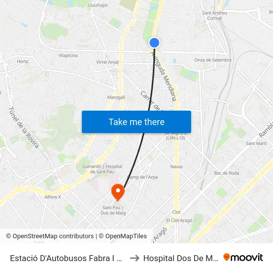 Estació D'Autobusos Fabra I Puig to Hospital Dos De Maig map