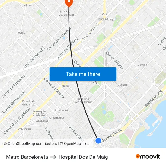 Metro Barceloneta to Hospital Dos De Maig map