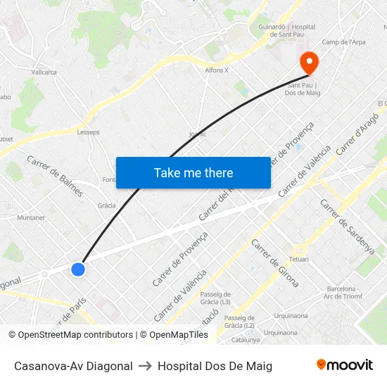 Casanova-Av Diagonal to Hospital Dos De Maig map