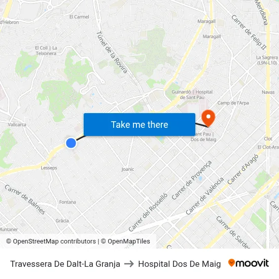 Travessera De Dalt-La Granja to Hospital Dos De Maig map