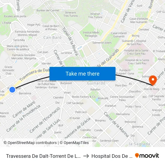 Travessera De Dalt-Torrent De Les Flors to Hospital Dos De Maig map