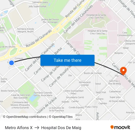 Metro Alfons X to Hospital Dos De Maig map