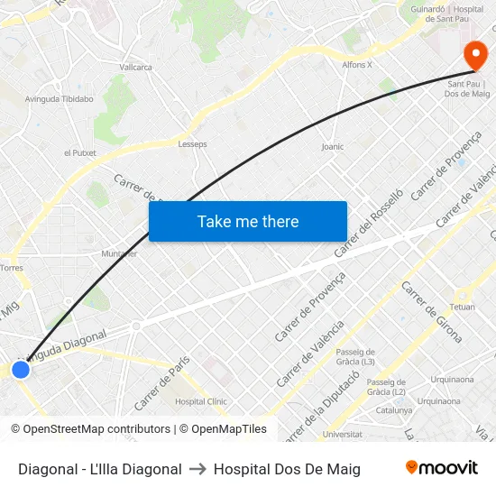 Diagonal - L'Illa Diagonal to Hospital Dos De Maig map