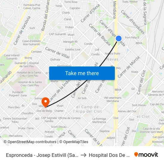 Espronceda - Josep Estivill (Sagrera) to Hospital Dos De Maig map