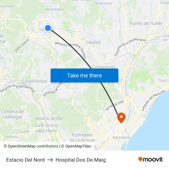 Estacio Del Nord to Hospital Dos De Maig map