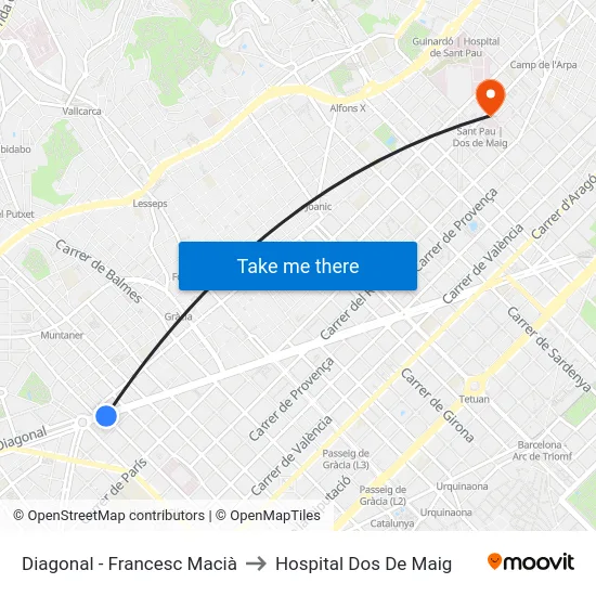 Diagonal - Francesc Macià to Hospital Dos De Maig map