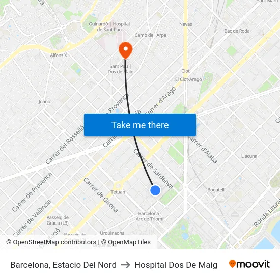 Barcelona, Estacio Del Nord to Hospital Dos De Maig map