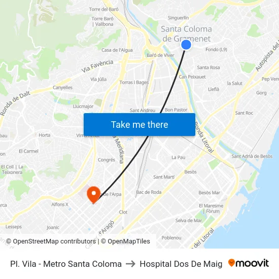 Pl. Vila - Metro Santa Coloma to Hospital Dos De Maig map