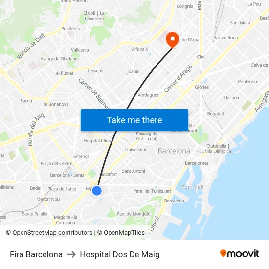 Fira Barcelona to Hospital Dos De Maig map