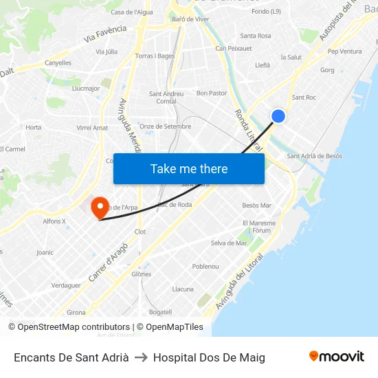 Encants De Sant Adrià to Hospital Dos De Maig map