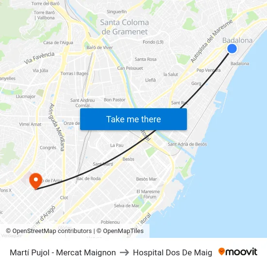 Martí Pujol - Mercat Maignon to Hospital Dos De Maig map
