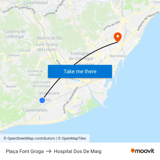 Plaça Font Groga to Hospital Dos De Maig map