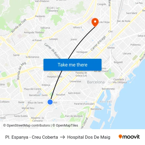Pl. Espanya - Creu Coberta to Hospital Dos De Maig map