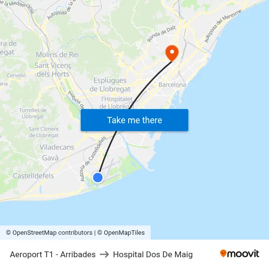 Aeroport T1 - Arribades to Hospital Dos De Maig map