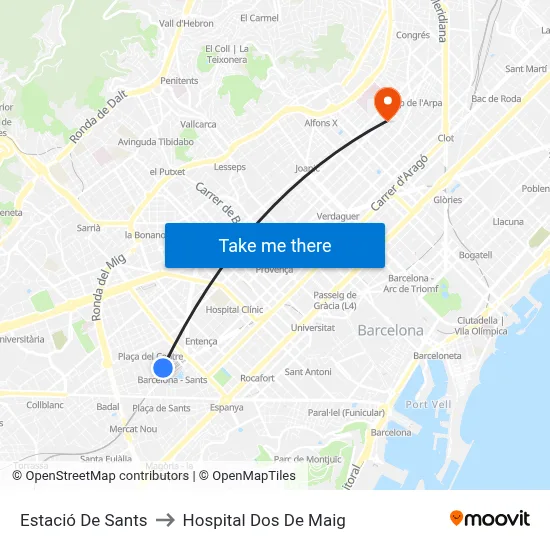Estació De Sants to Hospital Dos De Maig map