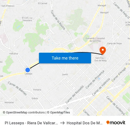 Pl Lesseps - Riera De Vallcarca to Hospital Dos De Maig map