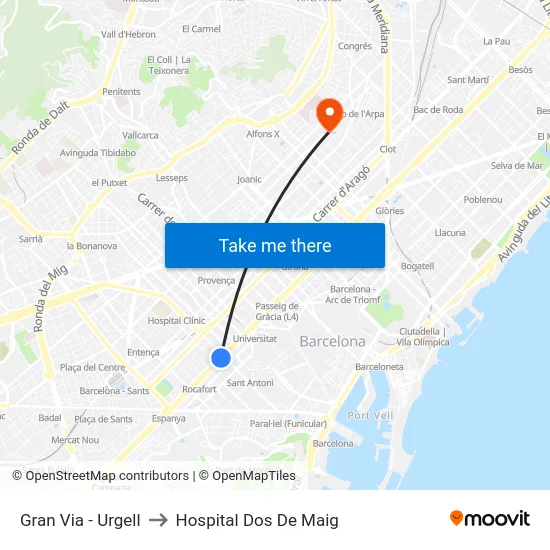 Gran Via - Urgell to Hospital Dos De Maig map