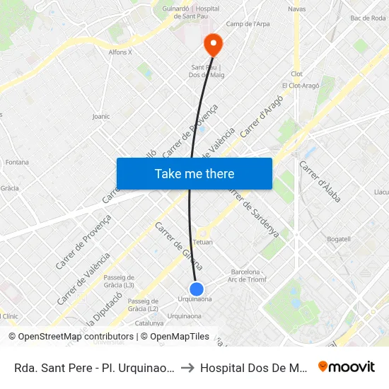 Rda. Sant Pere - Pl. Urquinaona to Hospital Dos De Maig map