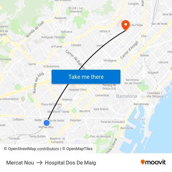 Mercat Nou to Hospital Dos De Maig map