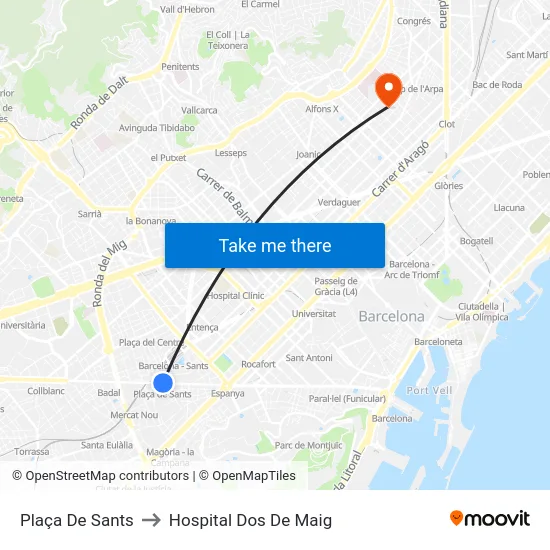 Plaça De Sants to Hospital Dos De Maig map