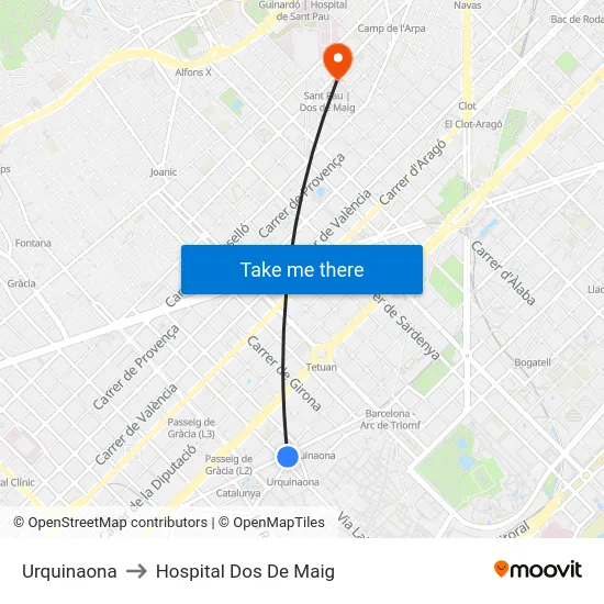 Urquinaona to Hospital Dos De Maig map