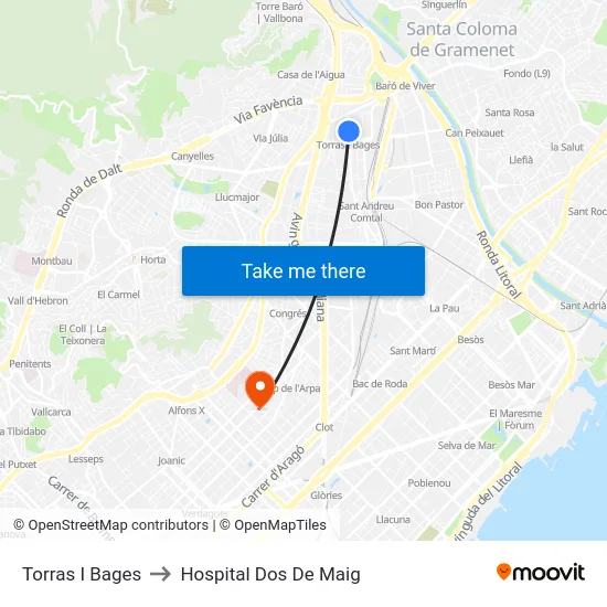 Torras I Bages to Hospital Dos De Maig map
