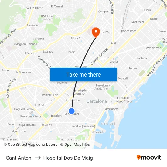 Sant Antoni to Hospital Dos De Maig map
