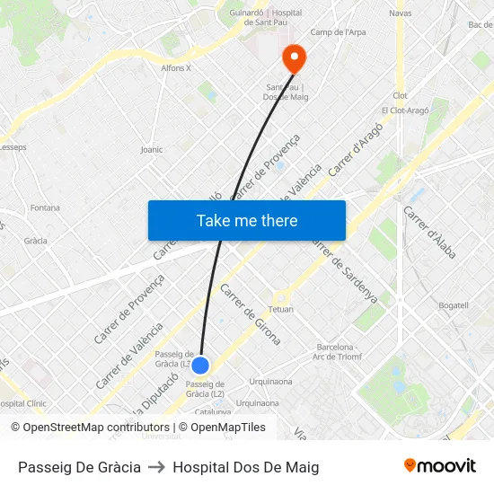 Passeig De Gràcia to Hospital Dos De Maig map
